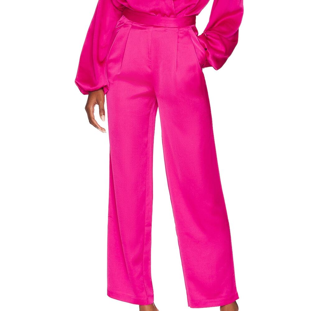 Lovers + Friends Satin Wide Leg Pants Barbie Pink MEDIUM Trouser High Waist NEW